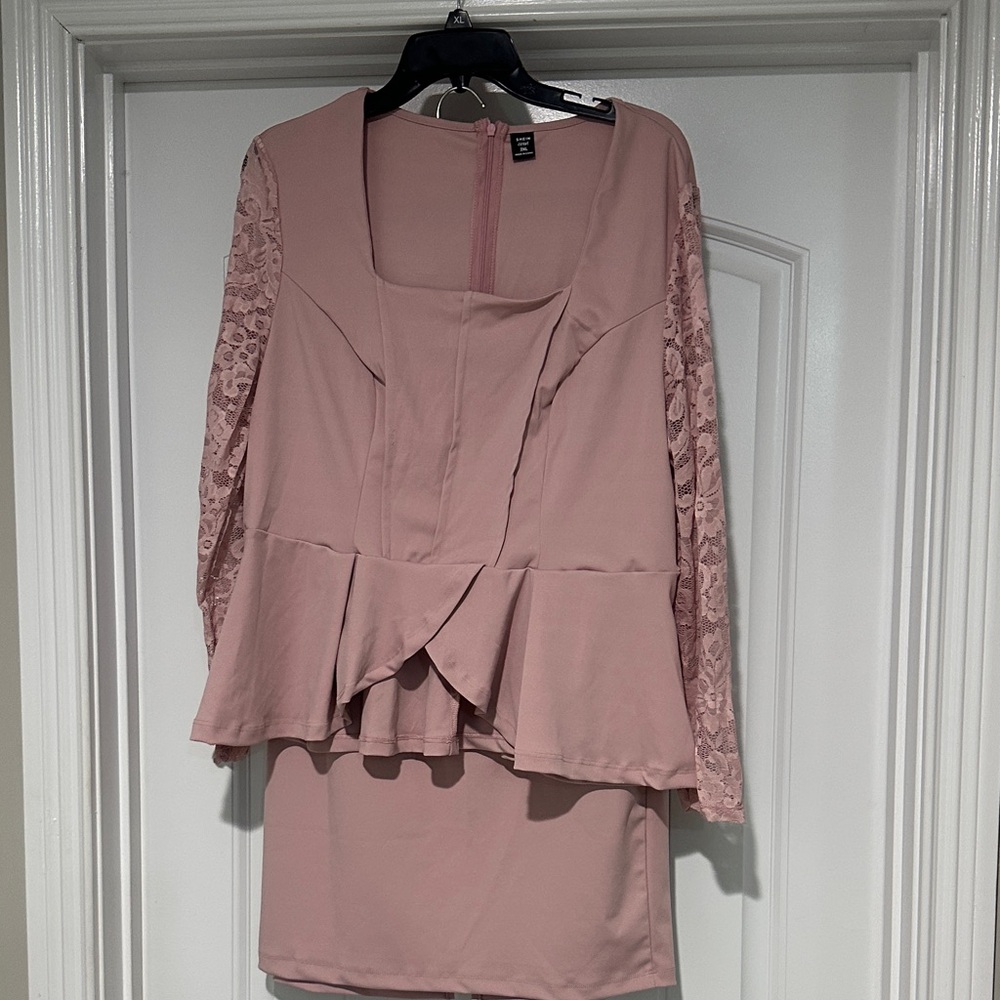 Elegant Pink Peplum 2 Piece top & Skirt Set with Lace Sleeves